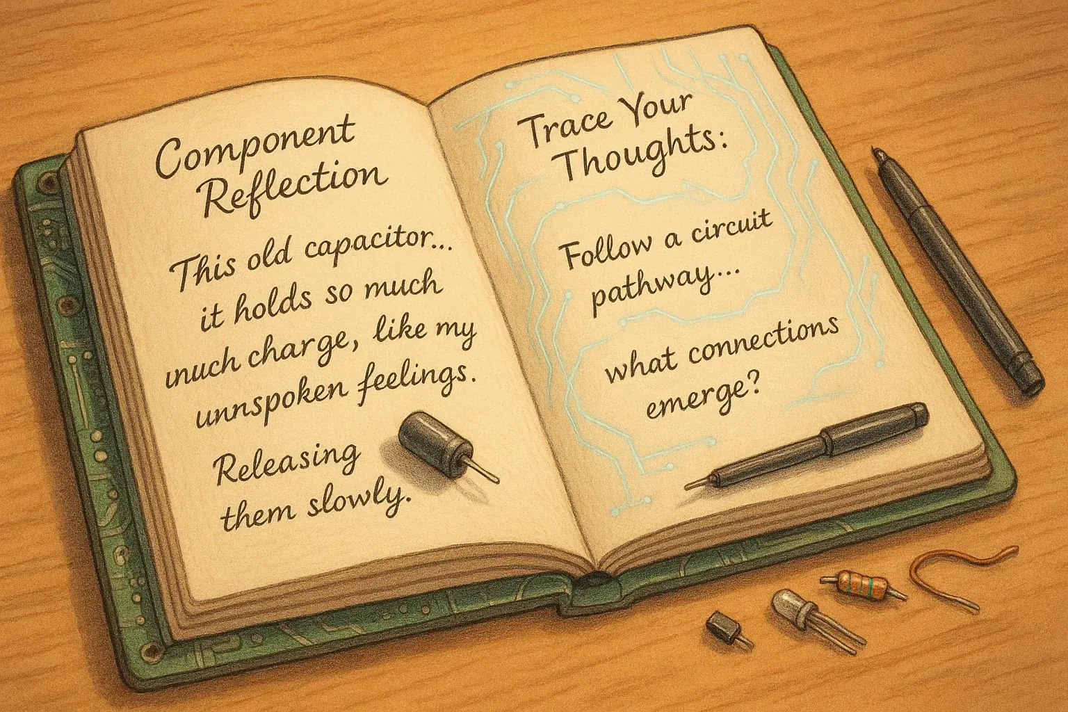 Open circuit board journal: handwritten notes, e-waste elements, example prompts/reflections for deep thought.