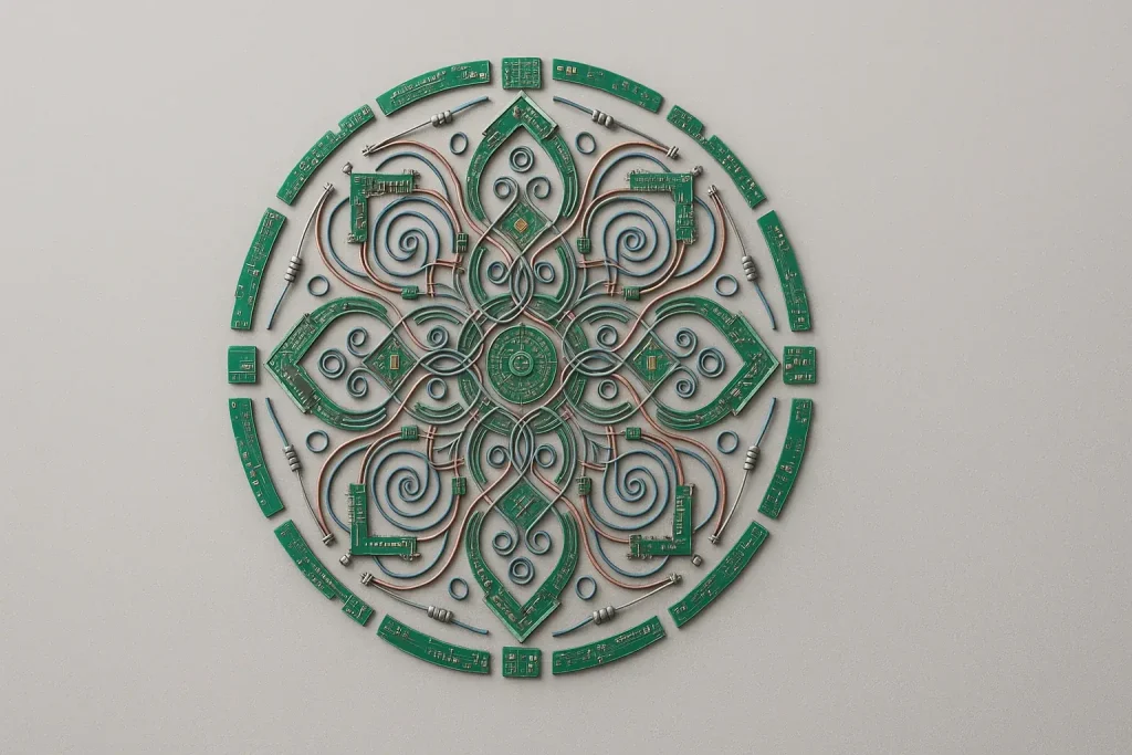 Intricate e-waste mandala conveying harmony and order from discarded tech, softly lit for calm.