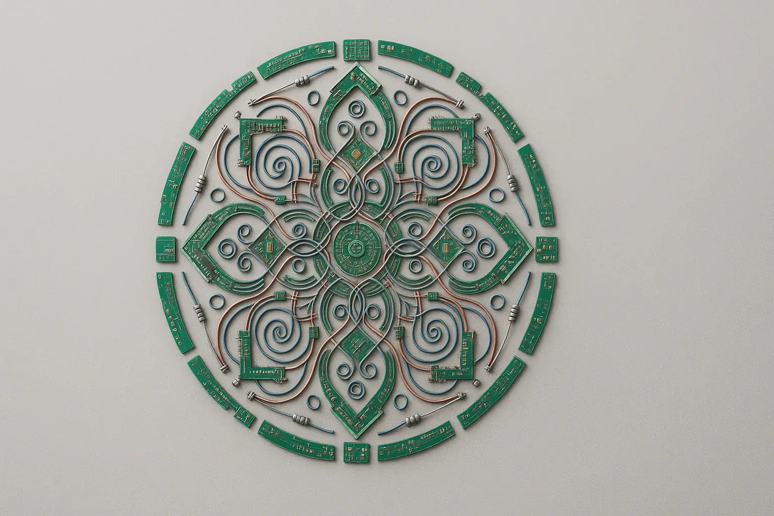 Intricate e-waste mandala conveying harmony and order from discarded tech, softly lit for calm.