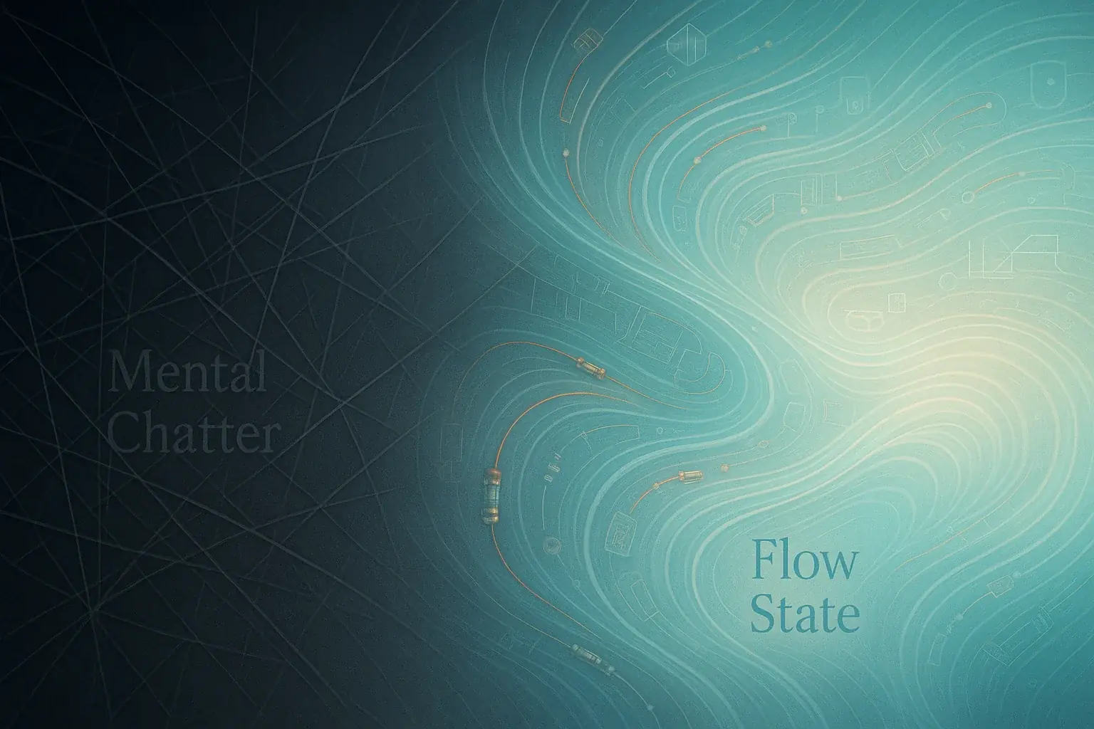 Abstract infographic: flowing lines and tech elements show calm brain activity in flow state, aiding mental peace.