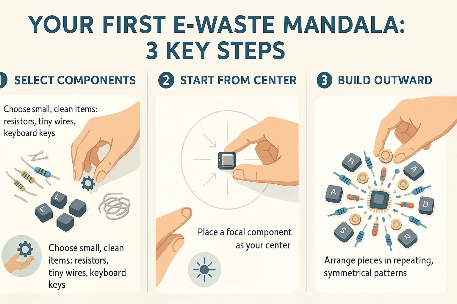 Key steps for an e-waste mandala: 3-4 stages with icons, from selecting components to mindful final arrangement.