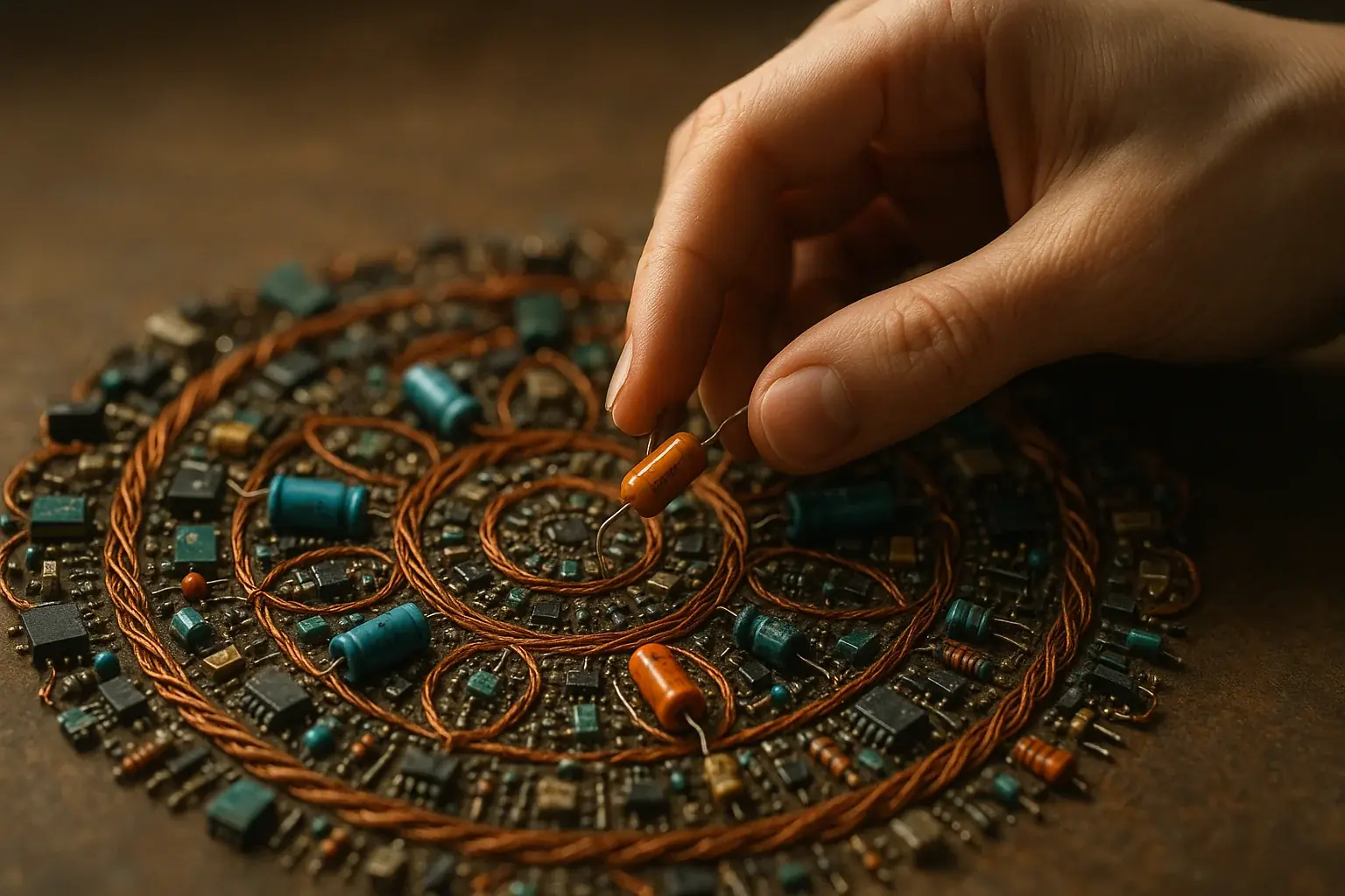 Hand gently explores detailed e-waste mandala, fostering deeper connection and inner reflection in practice.