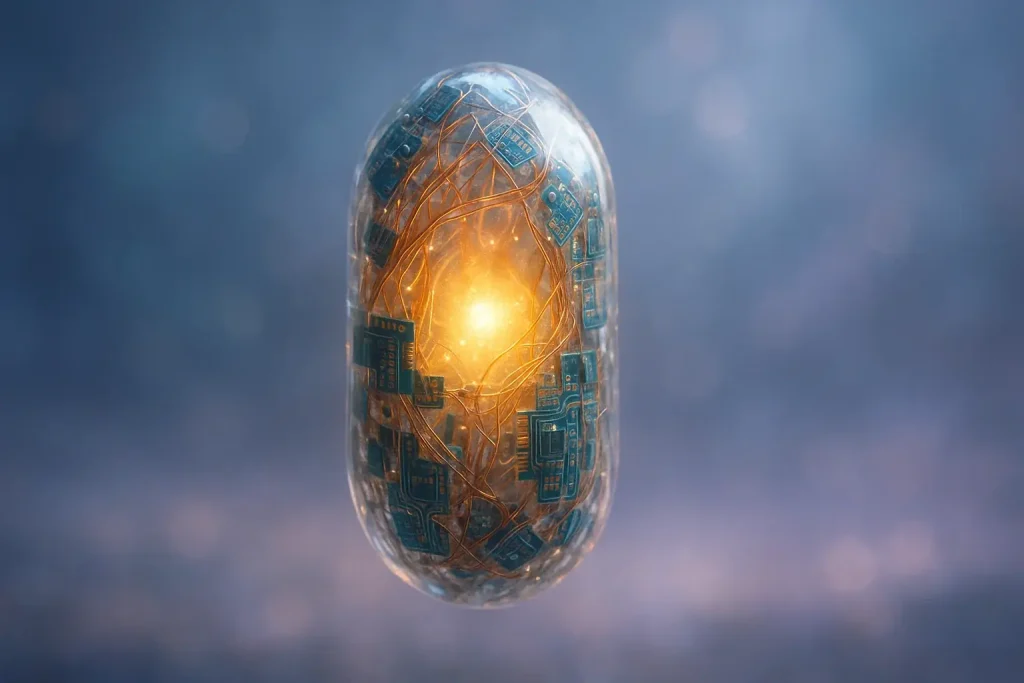 Artistic e-waste future self capsule: a transparent vessel of upcycled tech, emitting soft, hopeful light.