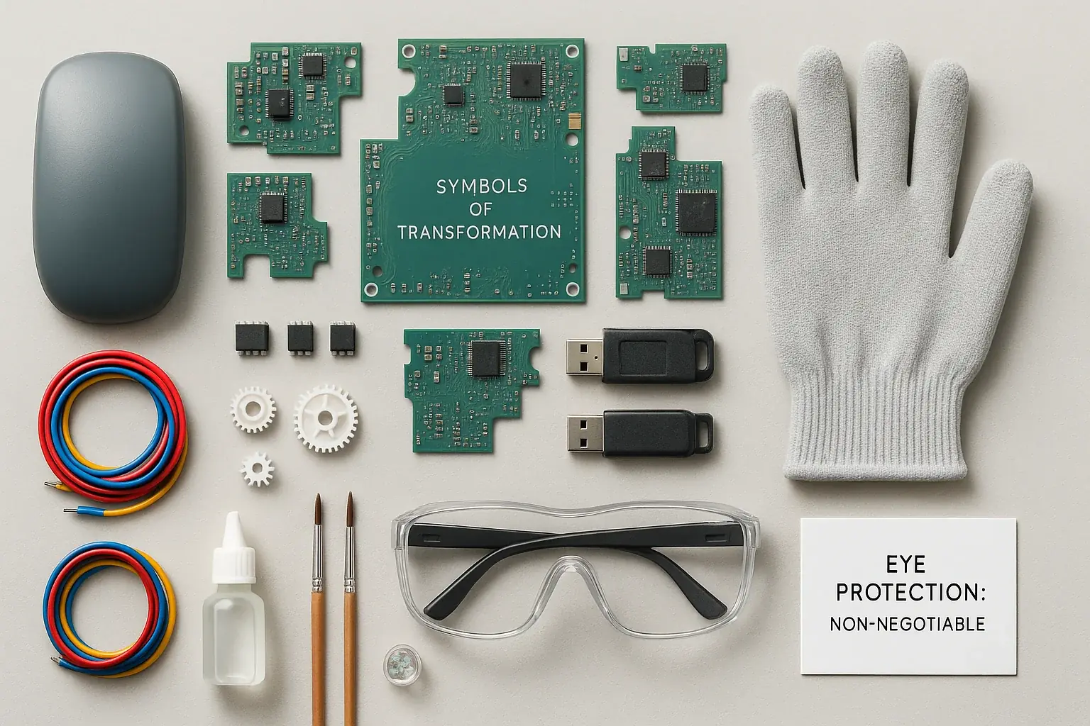 Organized flat lay of diverse, cleaned e-waste, art supplies, & safety gear—essential for a future self capsule.
