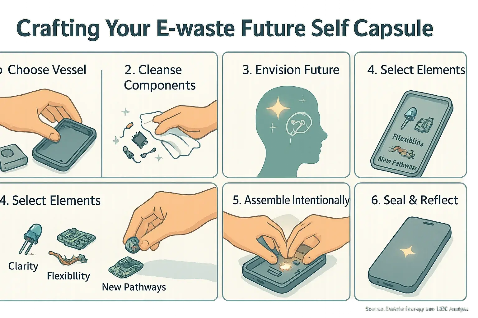 Infographic guide: 6 illustrated steps to build an e-waste future self capsule, from vessel choice to sealing & reflecting.