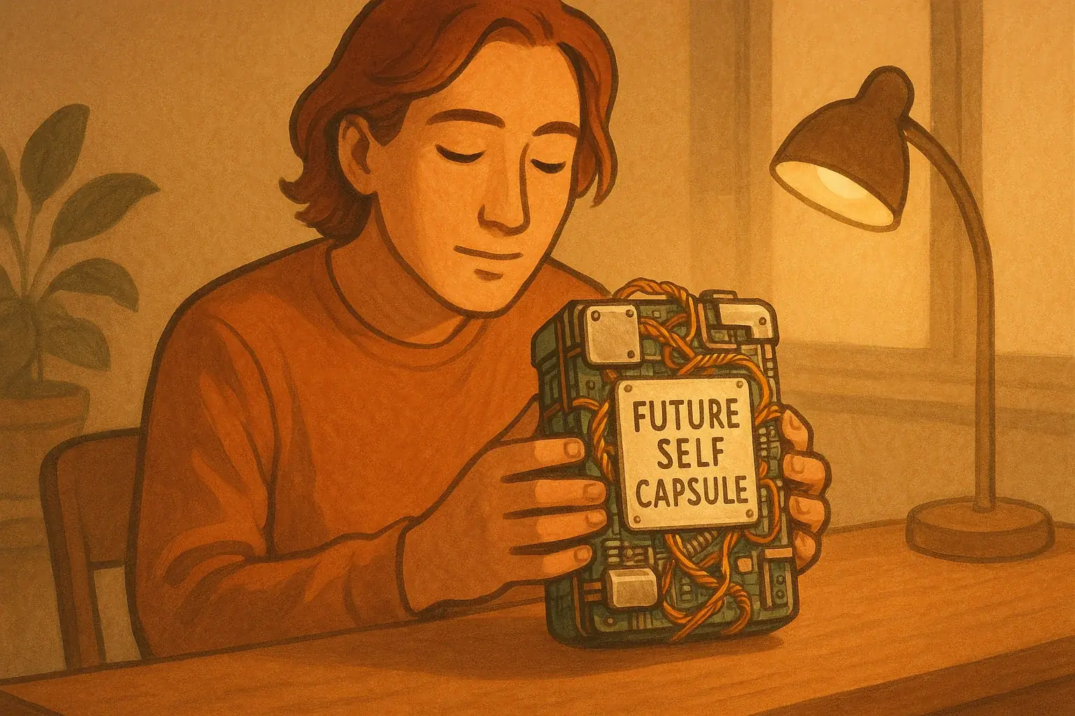 Person serenely reflects on their future self journey, holding their finished e-waste capsule.