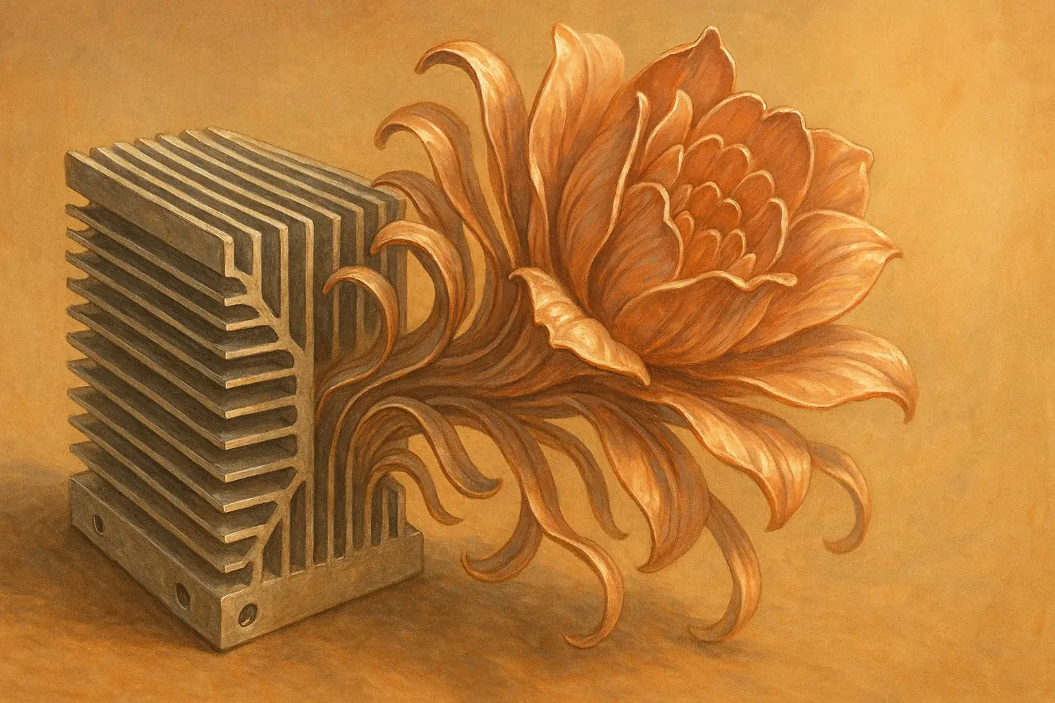 Heatsink's rigid metal fins blossom into delicate flower petals, industrial tech yielding unexpected organic beauty.