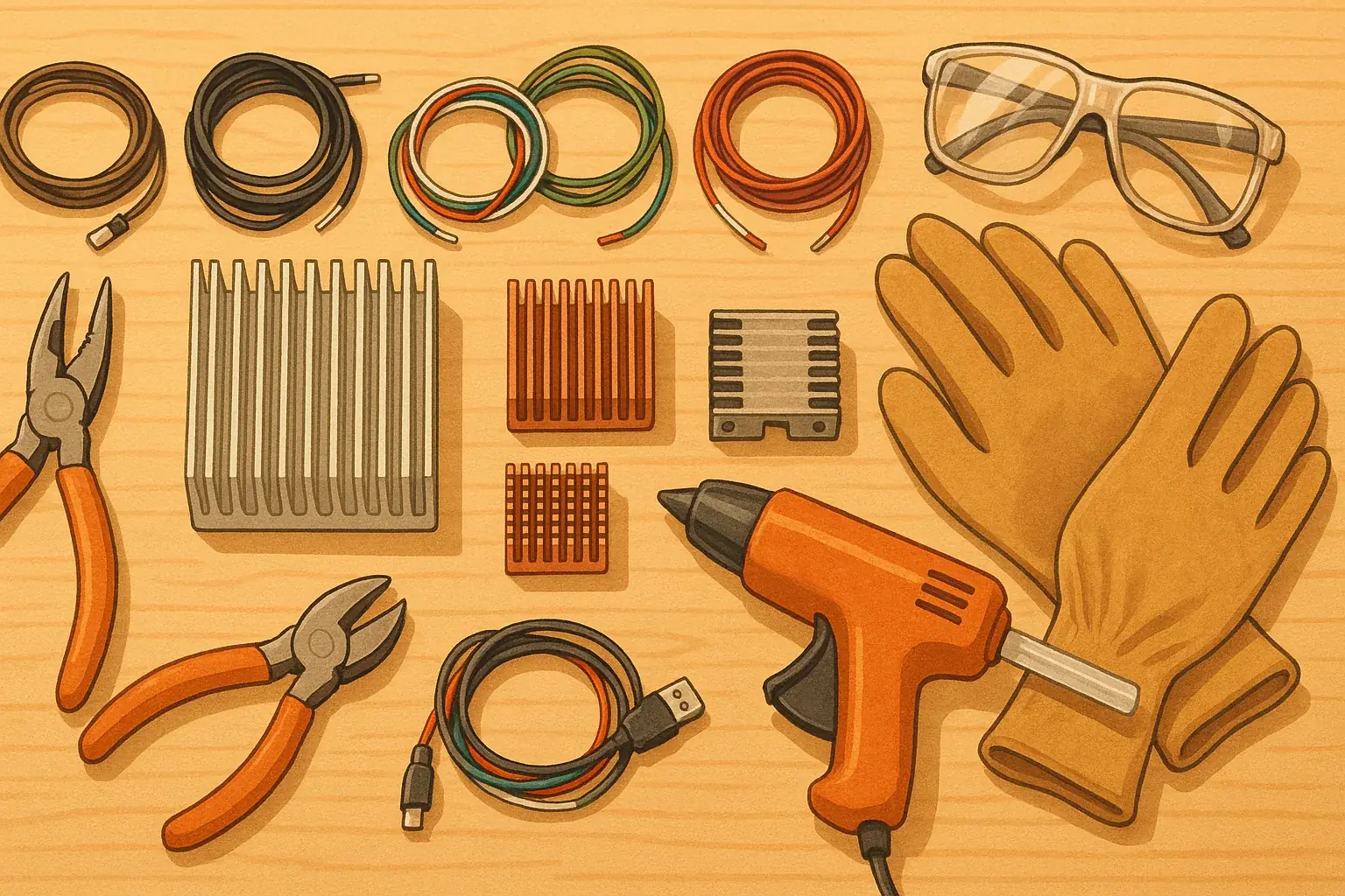 Aesthetic flat lay: cleaned heatsinks, small wires, pliers, glue gun, safety gloves for heatsink flower art.