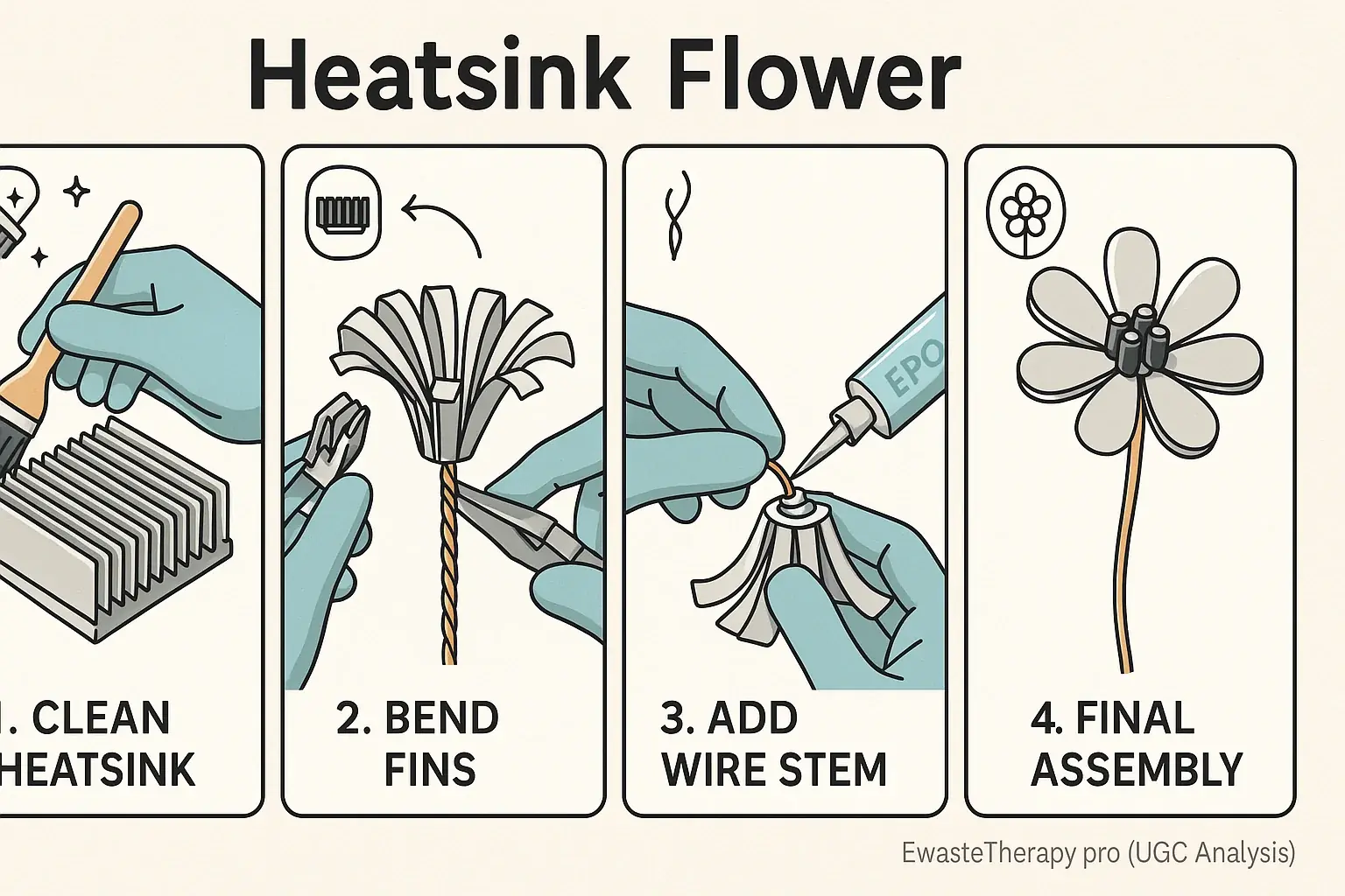 Multi-panel infographic with icons: 4 steps to create heatsink flower: clean heatsink, bend fins, add wire stem, assembly.