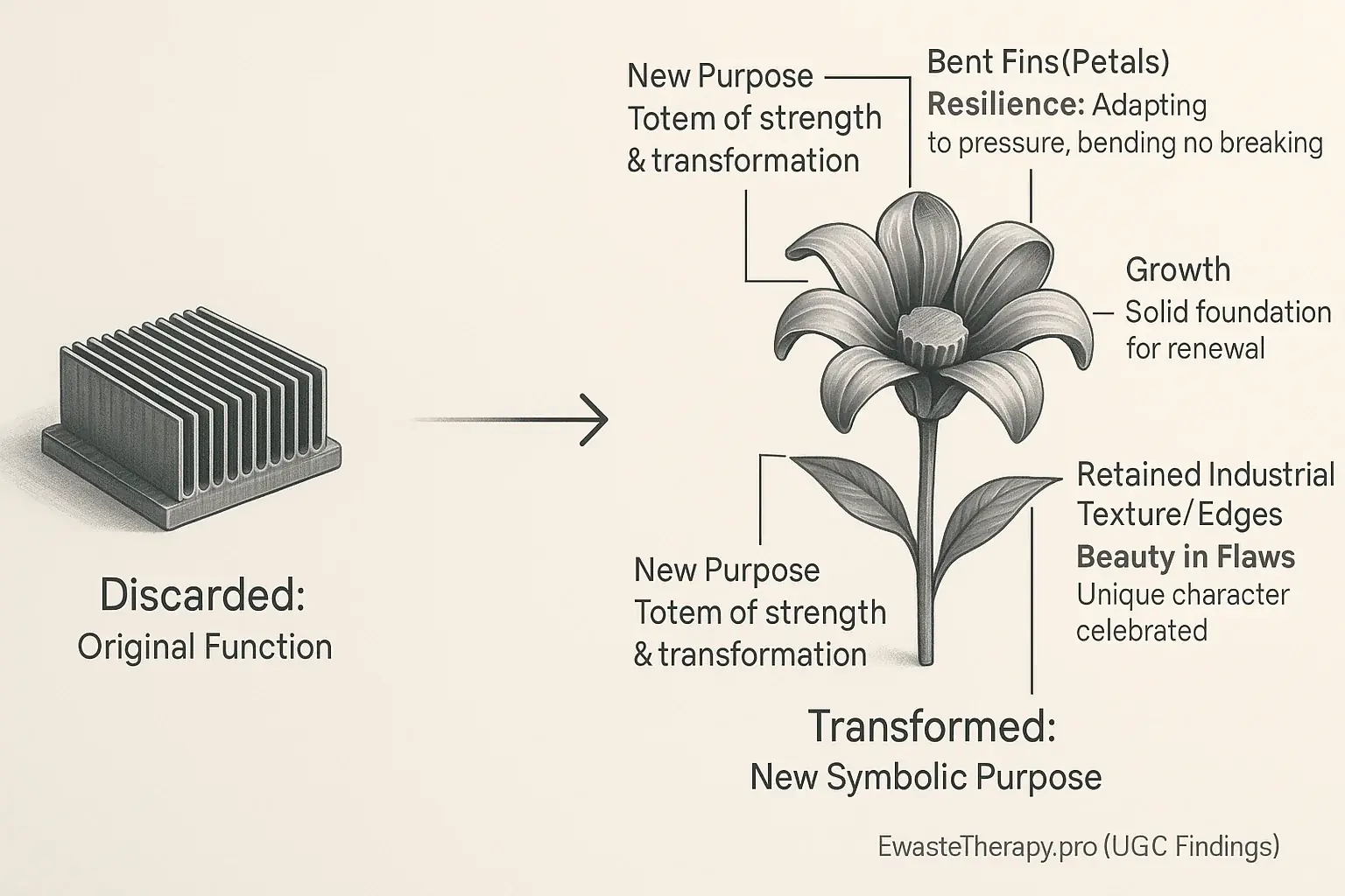 Infographic: Heatsink flower's journey: discarded fins and base to resilience, growth, therapeutic new purpose.