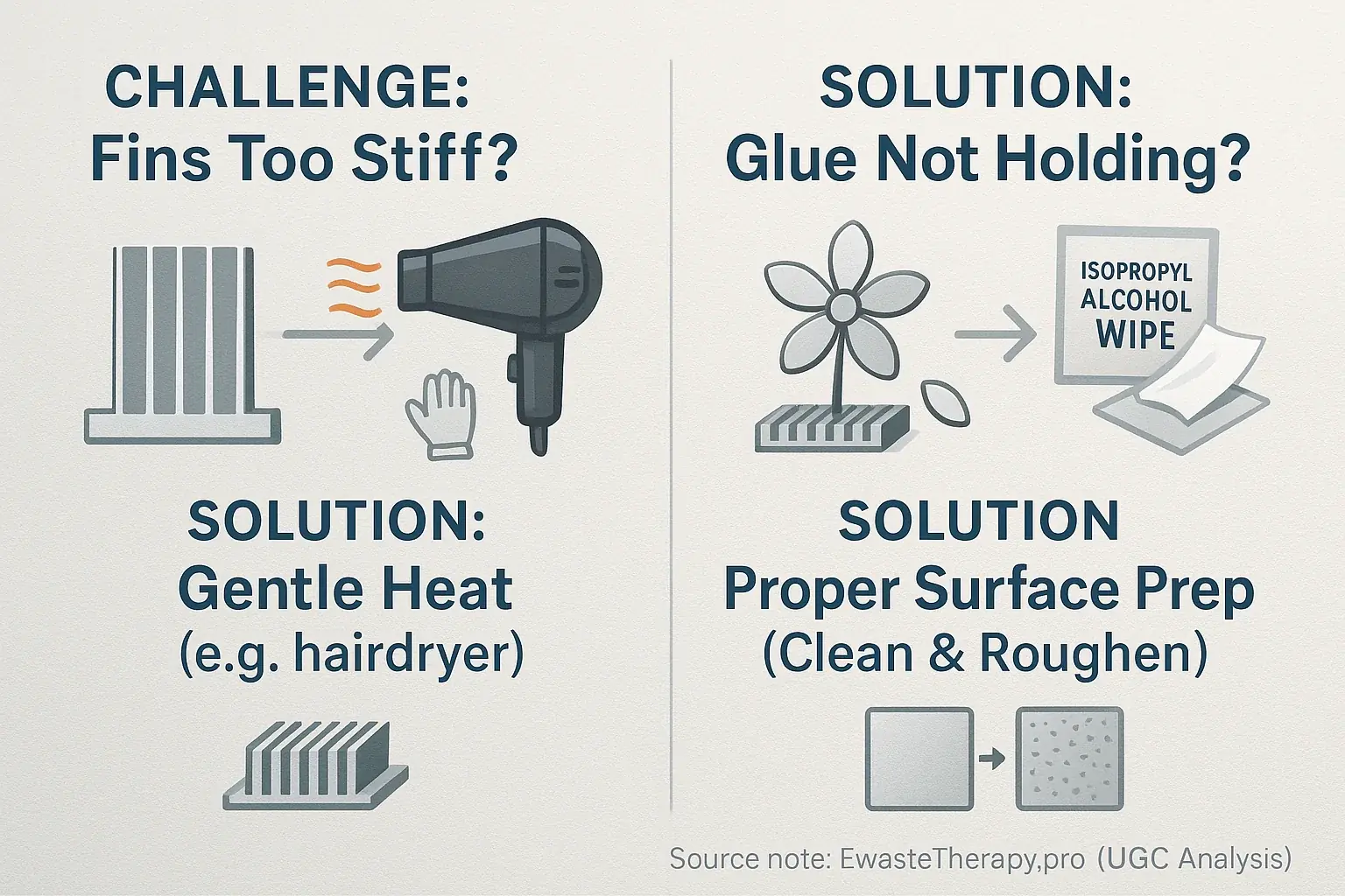 Heatsink flower art tips: icons show solutions to common issues like stiff fins (gentle heat) & bad glue (proper prep).