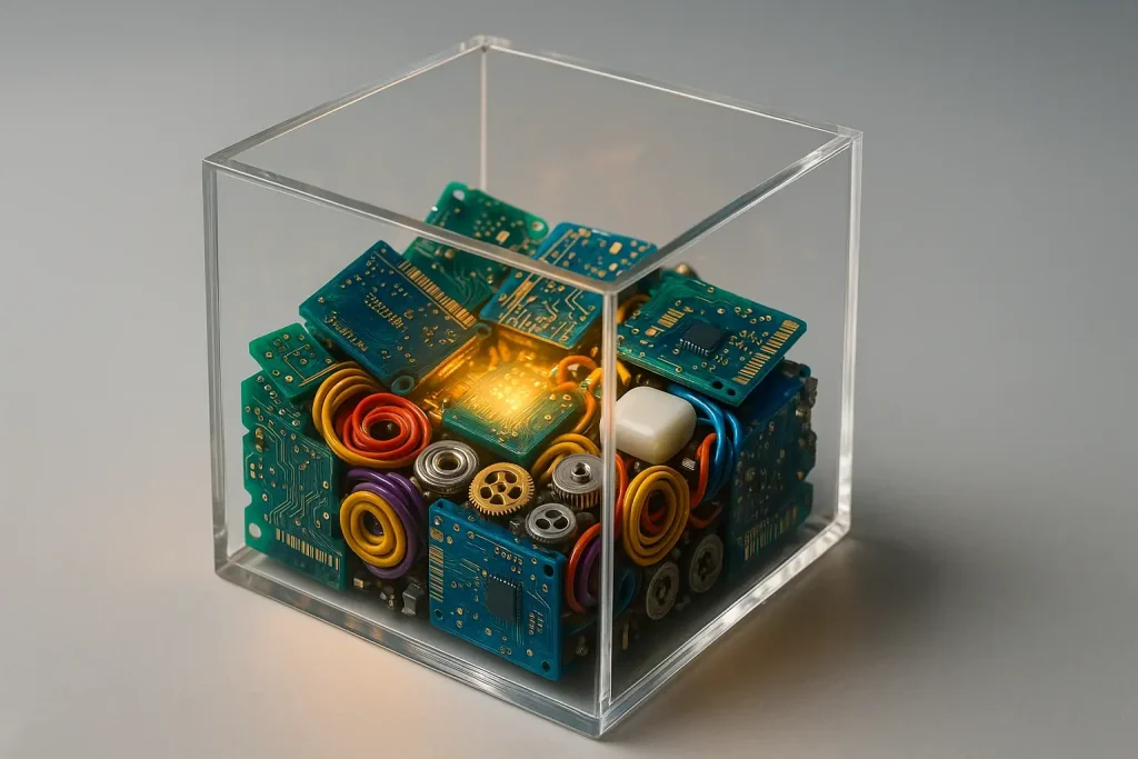 E-Waste Identity Box: open, transparent, colorful e-waste components glowing within, evoking a reimagined inner world.
