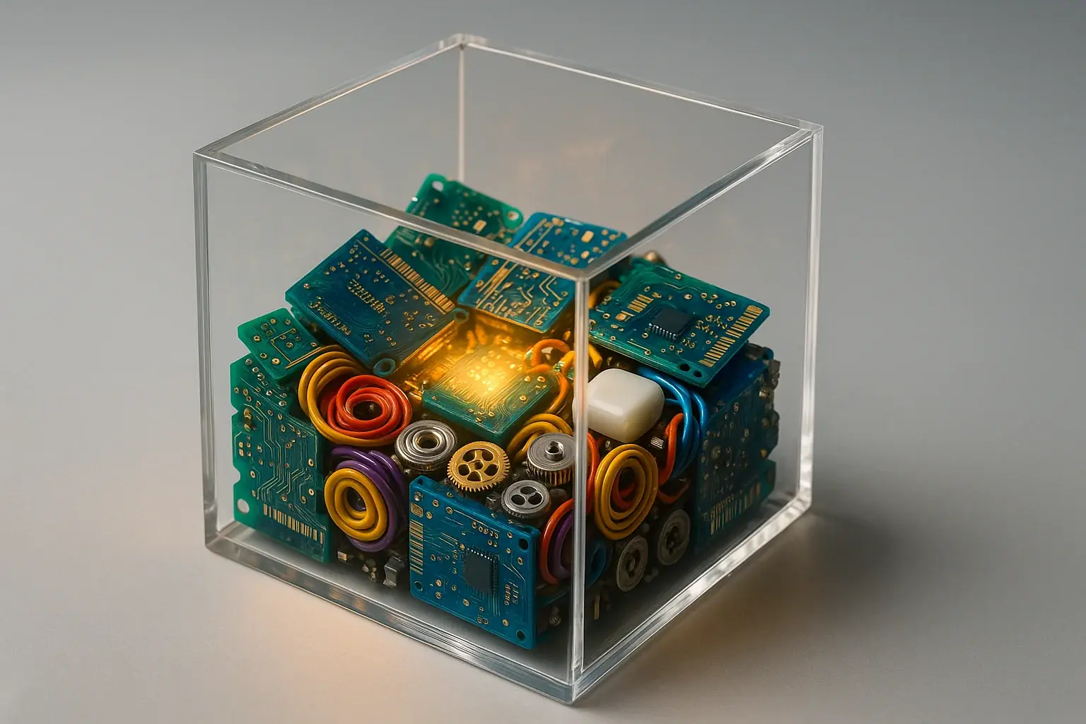 E-Waste Identity Box: open, transparent, colorful e-waste components glowing within, evoking a reimagined inner world.