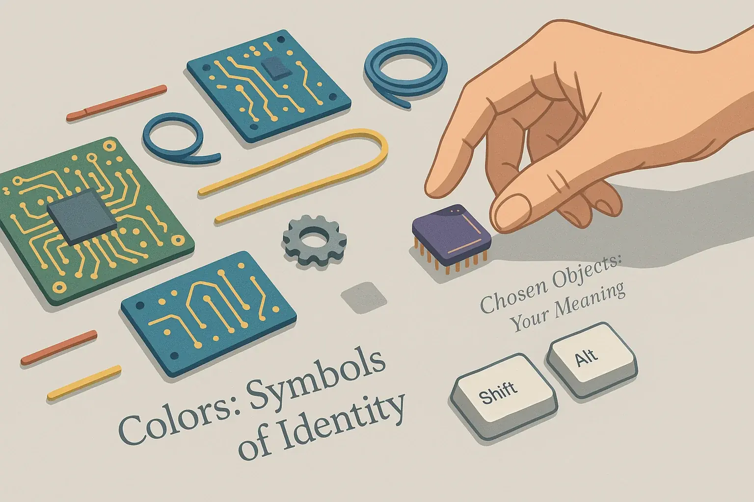 Diverse, clean e-waste (circuits, wires, keys) artfully arranged on a light surface; a hand thoughtfully selects one.