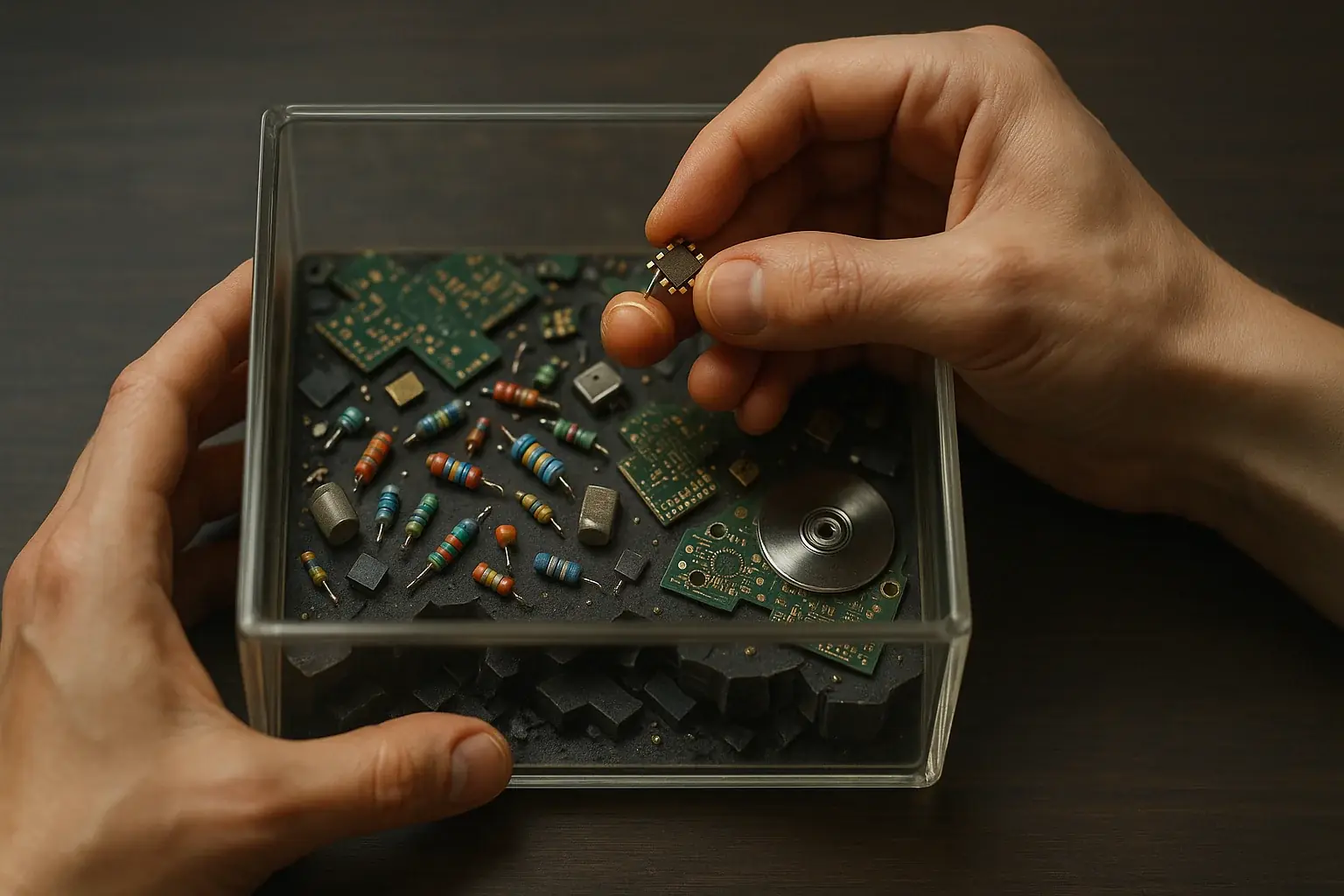 Top-down: Careful hands arrange intricate e-waste in a clear box, assembling an identity box for inner reflection.