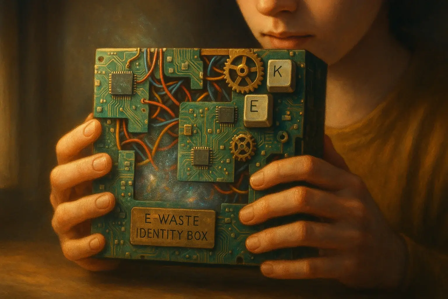 Hands gently hold E-Waste Identity Box; partial face shows thoughtful reflection in warm light.
