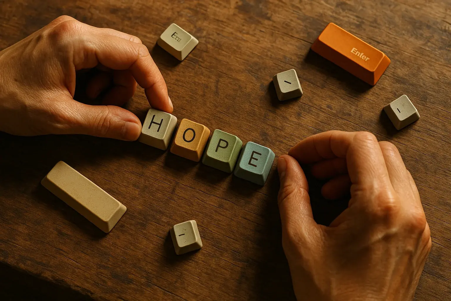 Hands carefully arrange colorful, worn keys spelling 'HOPE' on a textured surface; a tactile keyboard affirmation.