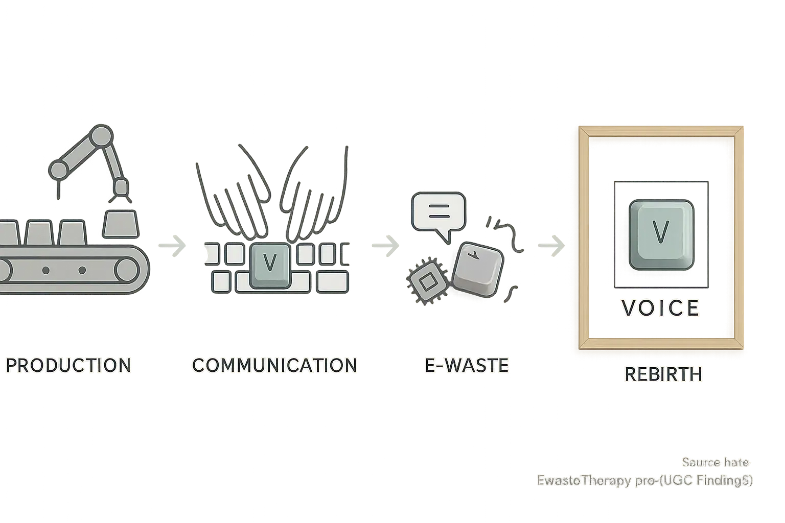 Infographic icons: key's journey from production, communication, e-waste, to rebirth as therapeutic affirmation art.