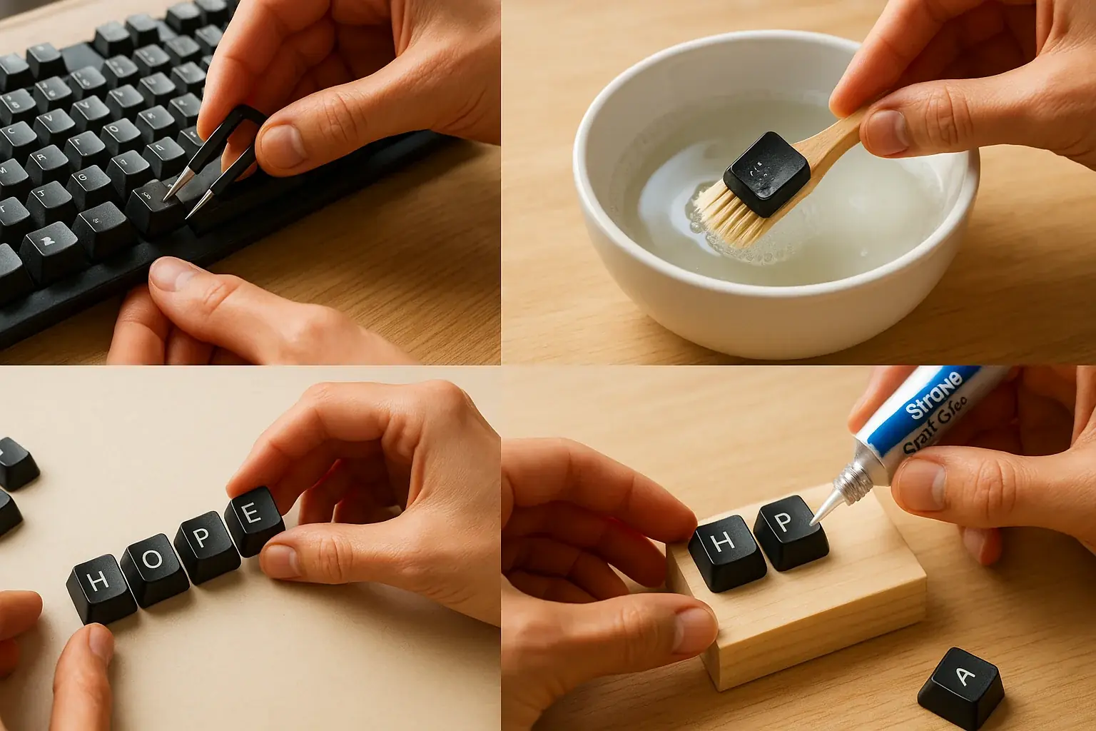 Four-step collage for keyboard key affirmation: removing, cleaning, arranging, and gluing keys onto a wooden block.