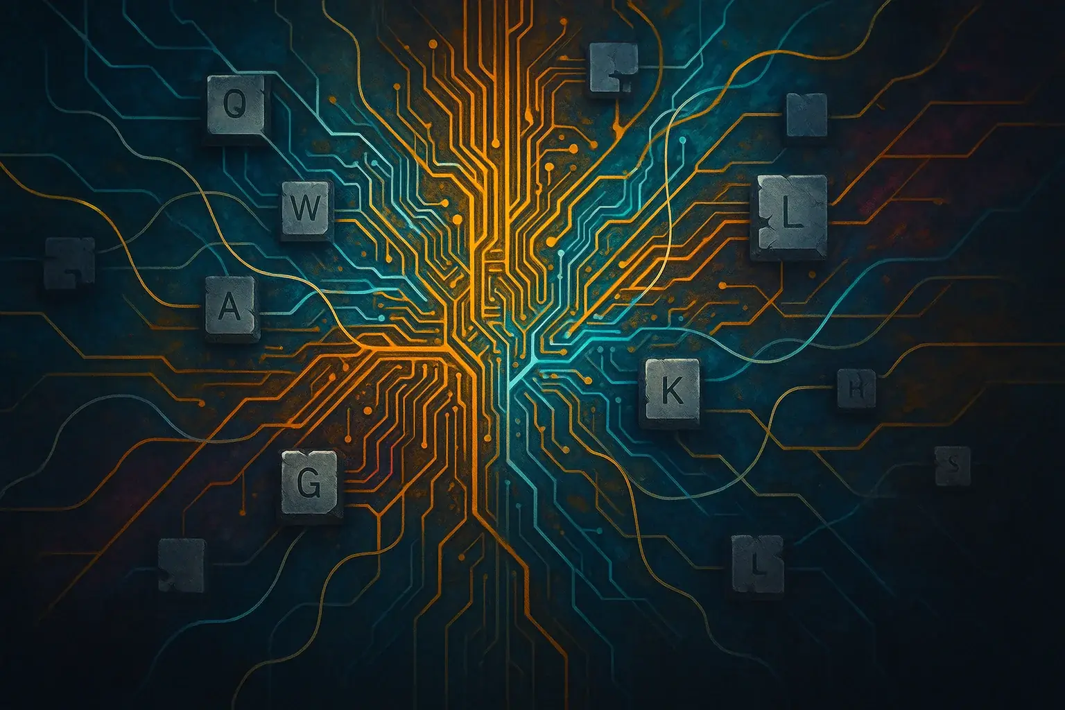 Vibrant abstract: keyboard keys, circuits, wires symbolizing interconnected creative expansion in affirmation art.