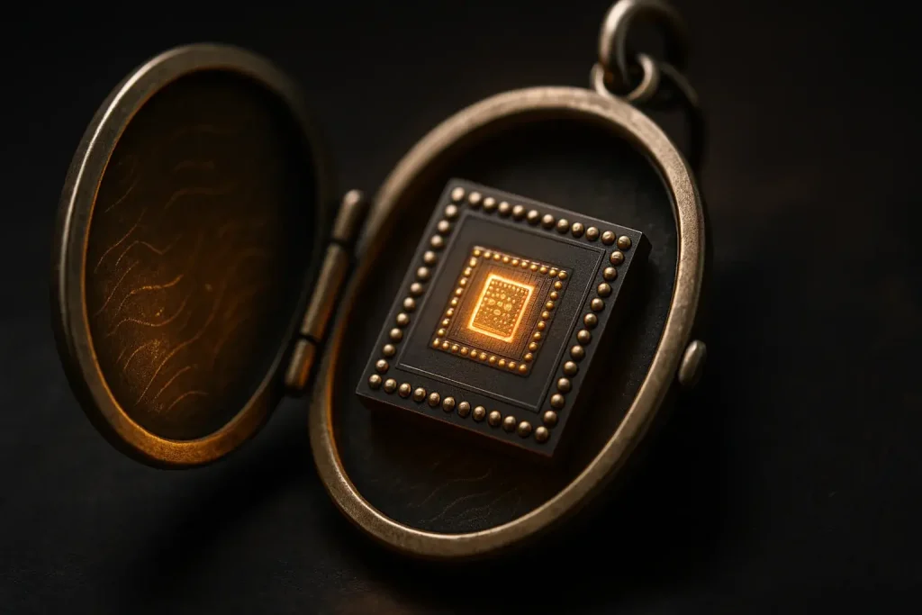 Elegant memory chip locket, subtly glowing on a reflective surface, symbolizing wearable digital stories for healing.