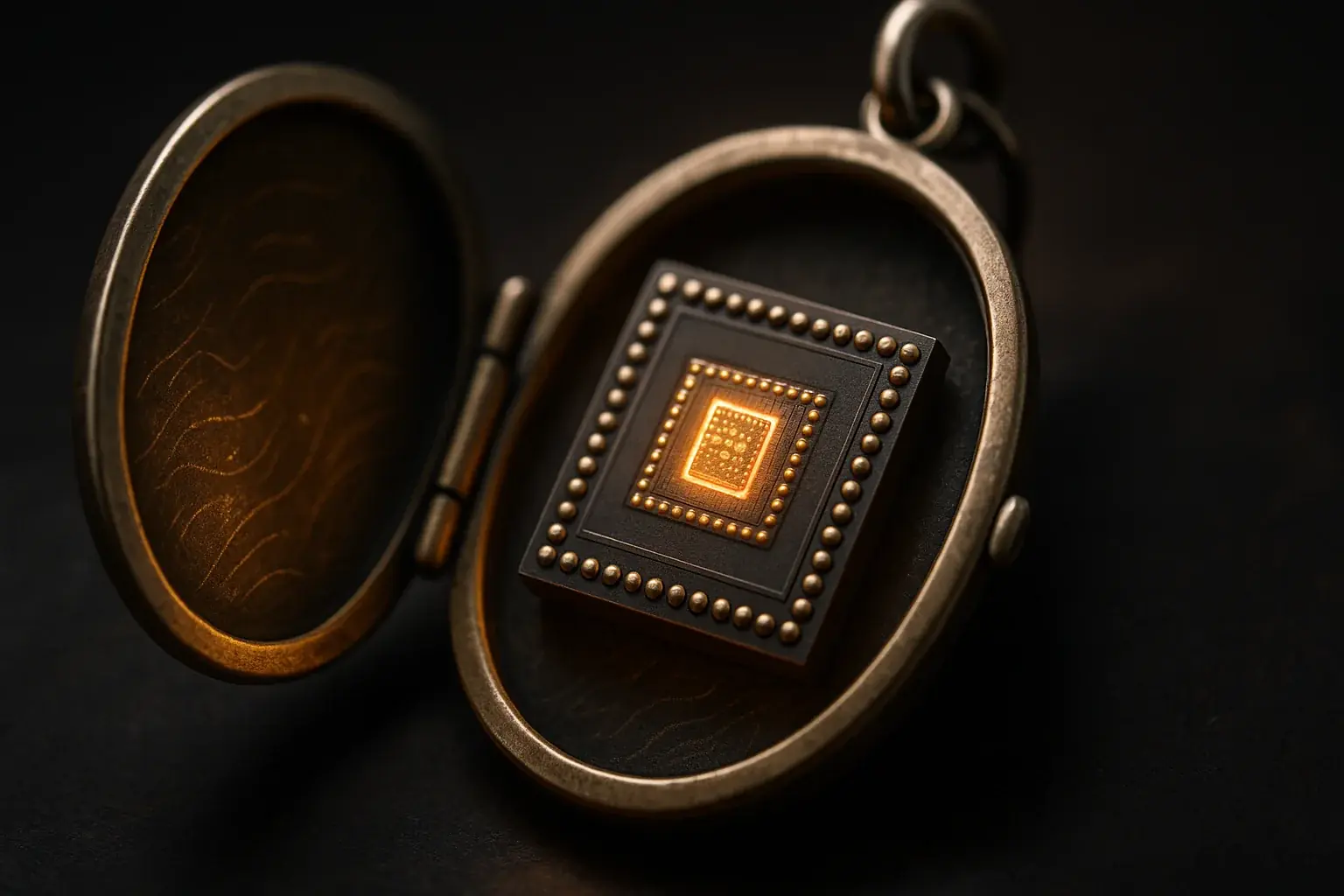 Elegant memory chip locket, subtly glowing on a reflective surface, symbolizing wearable digital stories for healing.