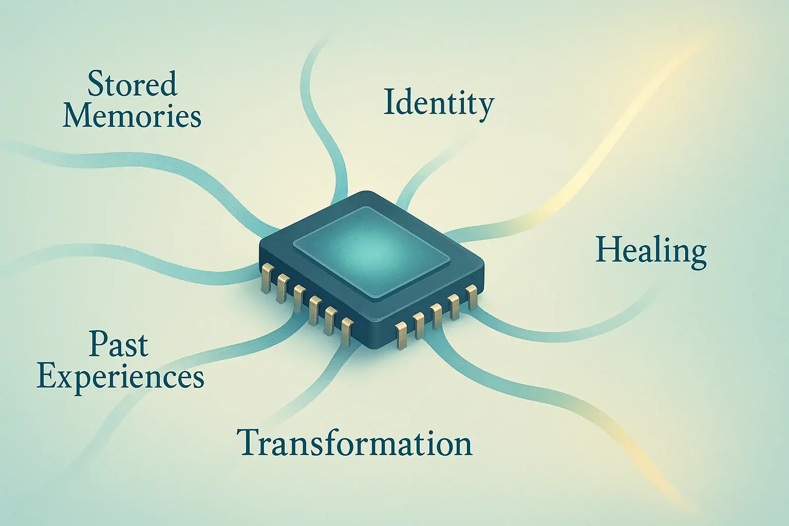 Stylized memory chip infographic: links to identity, healing, transformation, showing therapeutic symbolism.