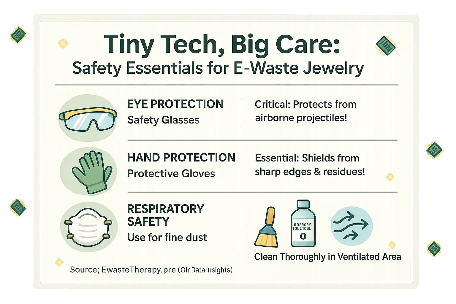 Essential safety checklist for delicate e-waste jewelry: Icons for gloves, glasses, component cleaning steps.