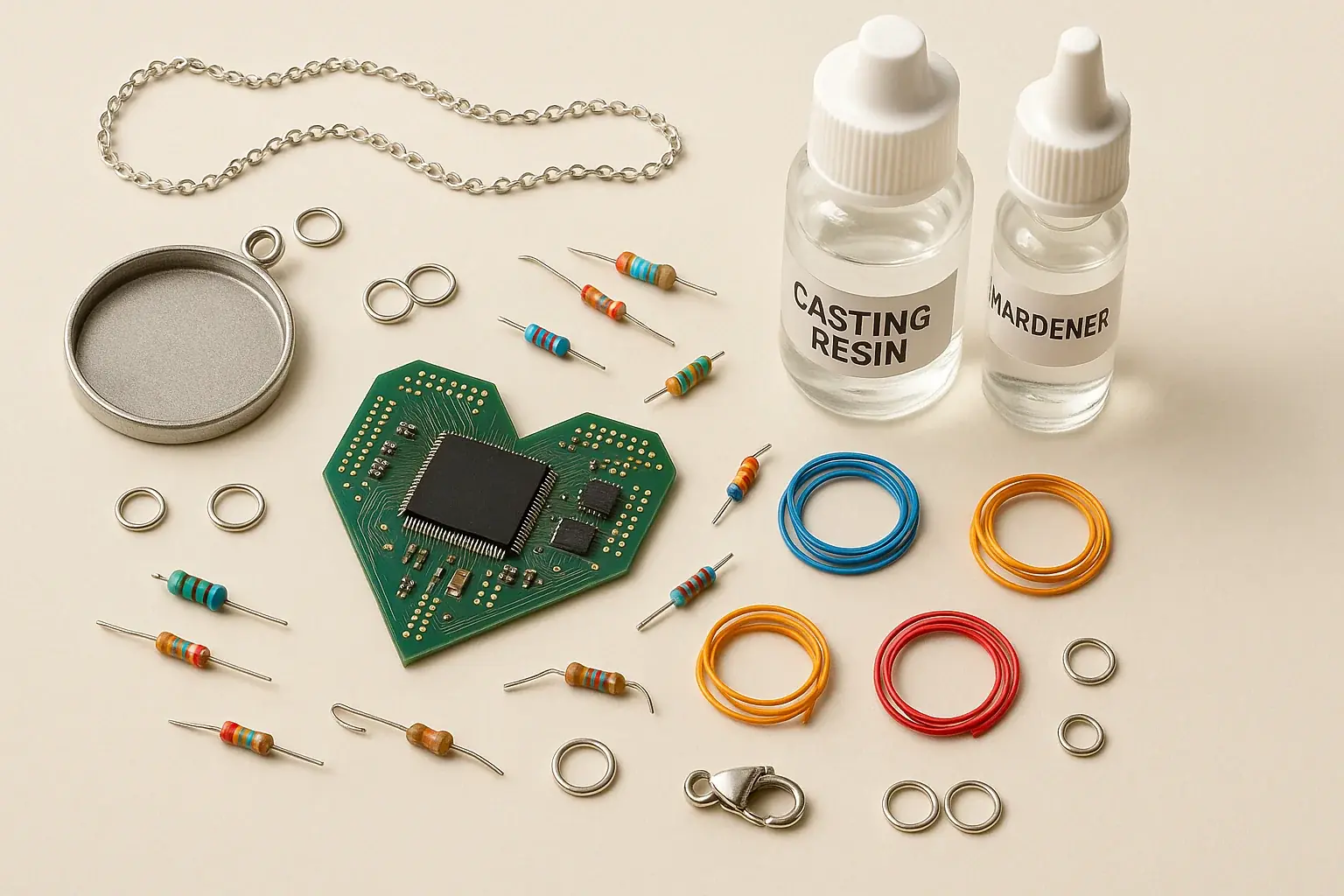 Aesthetic flat lay: e-waste chips & wires, jewelry findings, resin—a locket transformation toolkit.