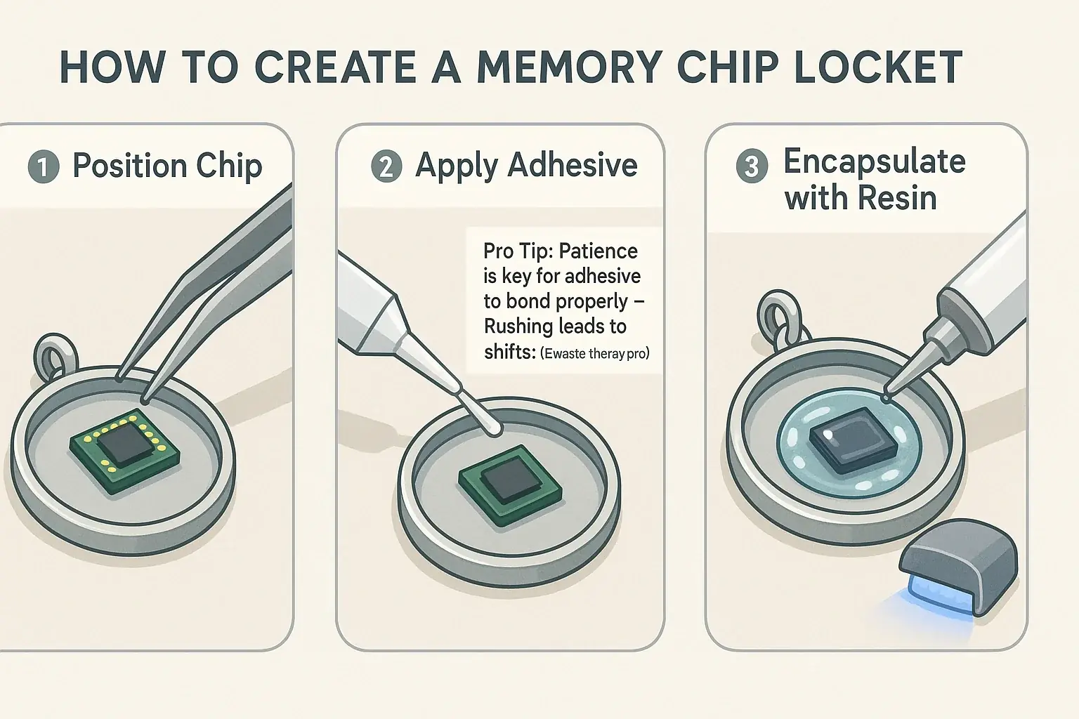 Infographic: Step-by-step visual guide (3-4 steps with icons) for circuit-to-charm locket creation with chip & resin.