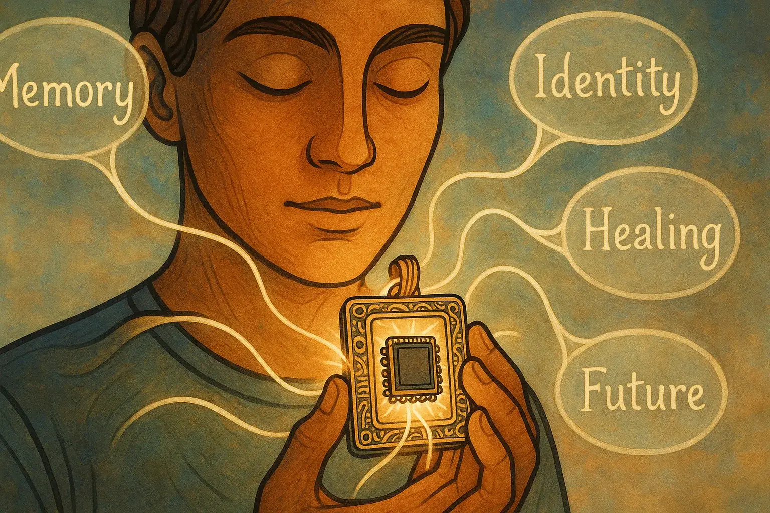Hand holds memory chip locket, lines flowing to 'memory', 'identity', 'healing', 'future' bubbles, infusing personal meaning.