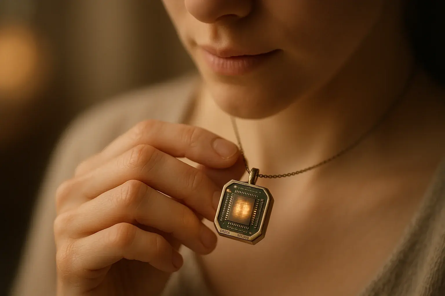 Hand gently touches memory chip locket; wearable e-waste story of art, healing, reflection.