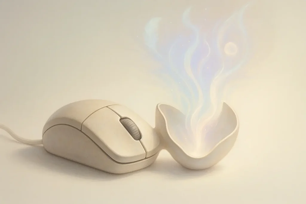 An old mouse transforms into an open vessel, now a conduit for ethereal light and flowing memories; modern style.