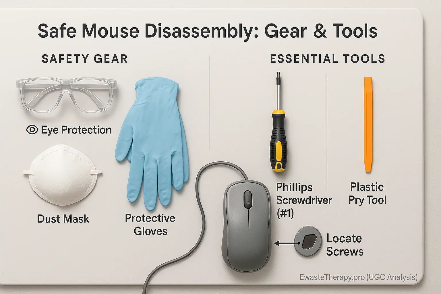 Infographic: Tools for safe mouse disassembly: safety gear (gloves, eye protection, mask), screwdriver, pry tool, clean &