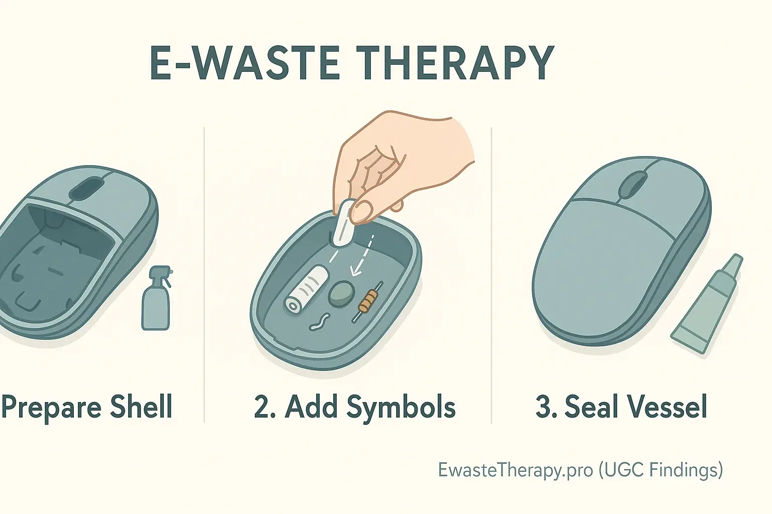 Minimalist infographic: 3-4 illustrated steps for mouse vessel assembly - empty shell, adding items, seal.