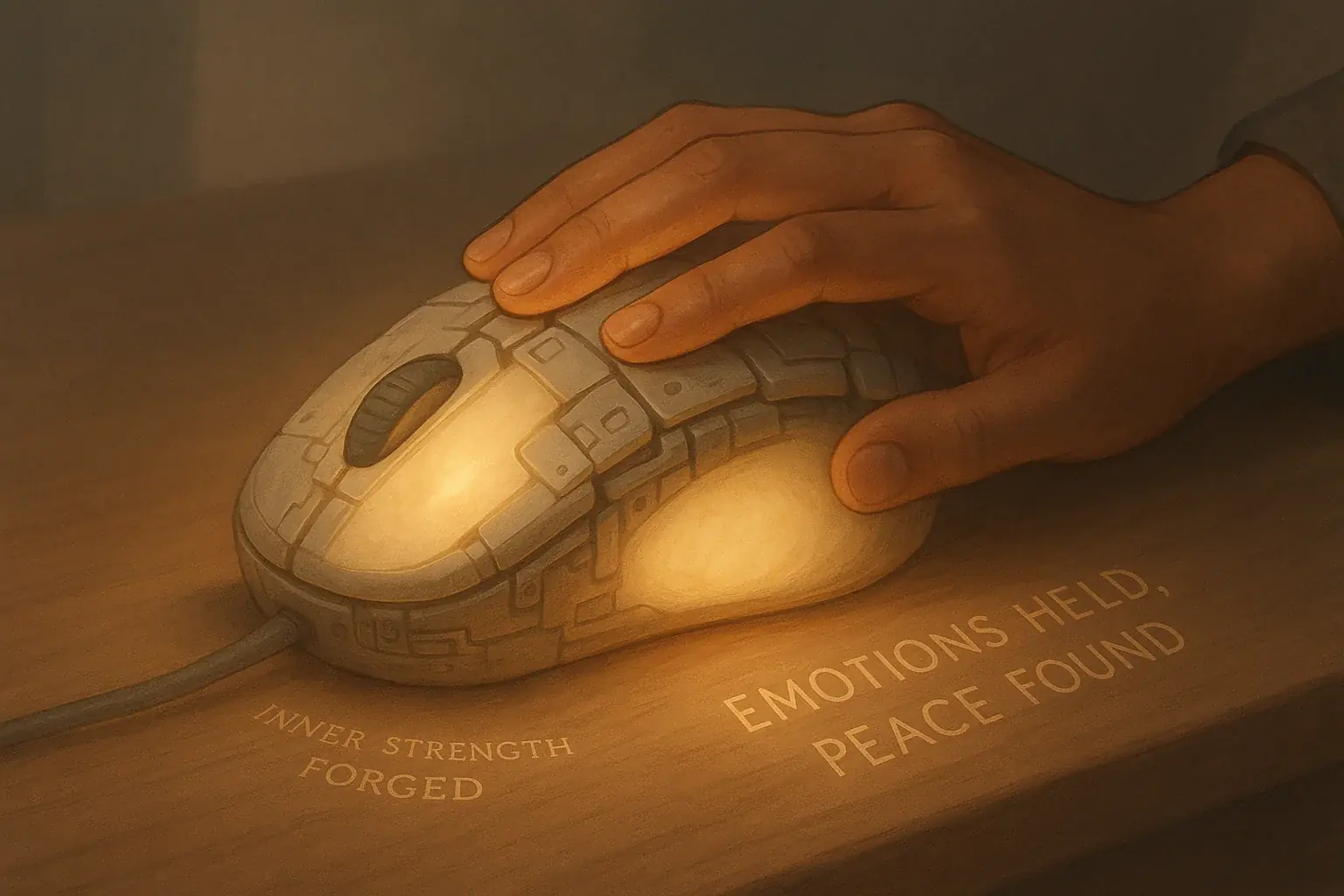 Glowing, transformed e-waste mouse vessel gently touched, a serene reminder of inner strength.