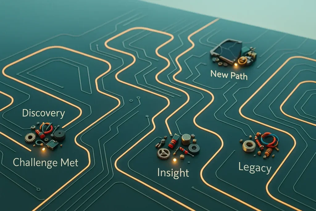 Infographic: Life journey on a circuit board, key milestones as glowing nodes, inspiring reimagined personal timelines.