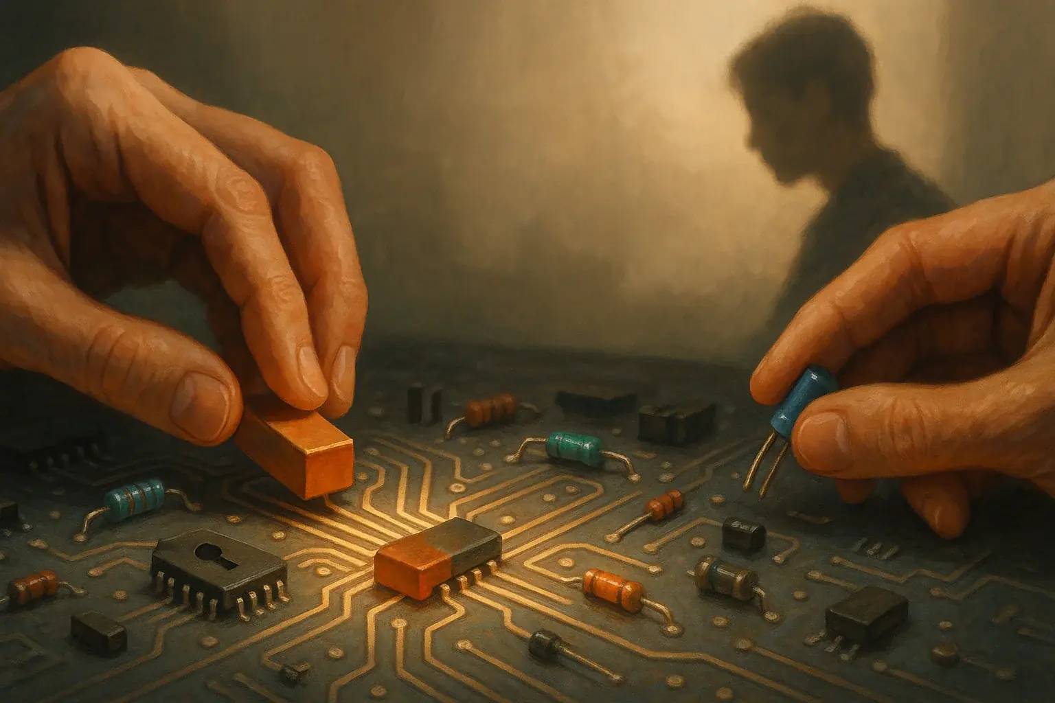 Hands carefully arrange e-waste components on circuit board; person reflects, crafting their personal e-waste timeline.