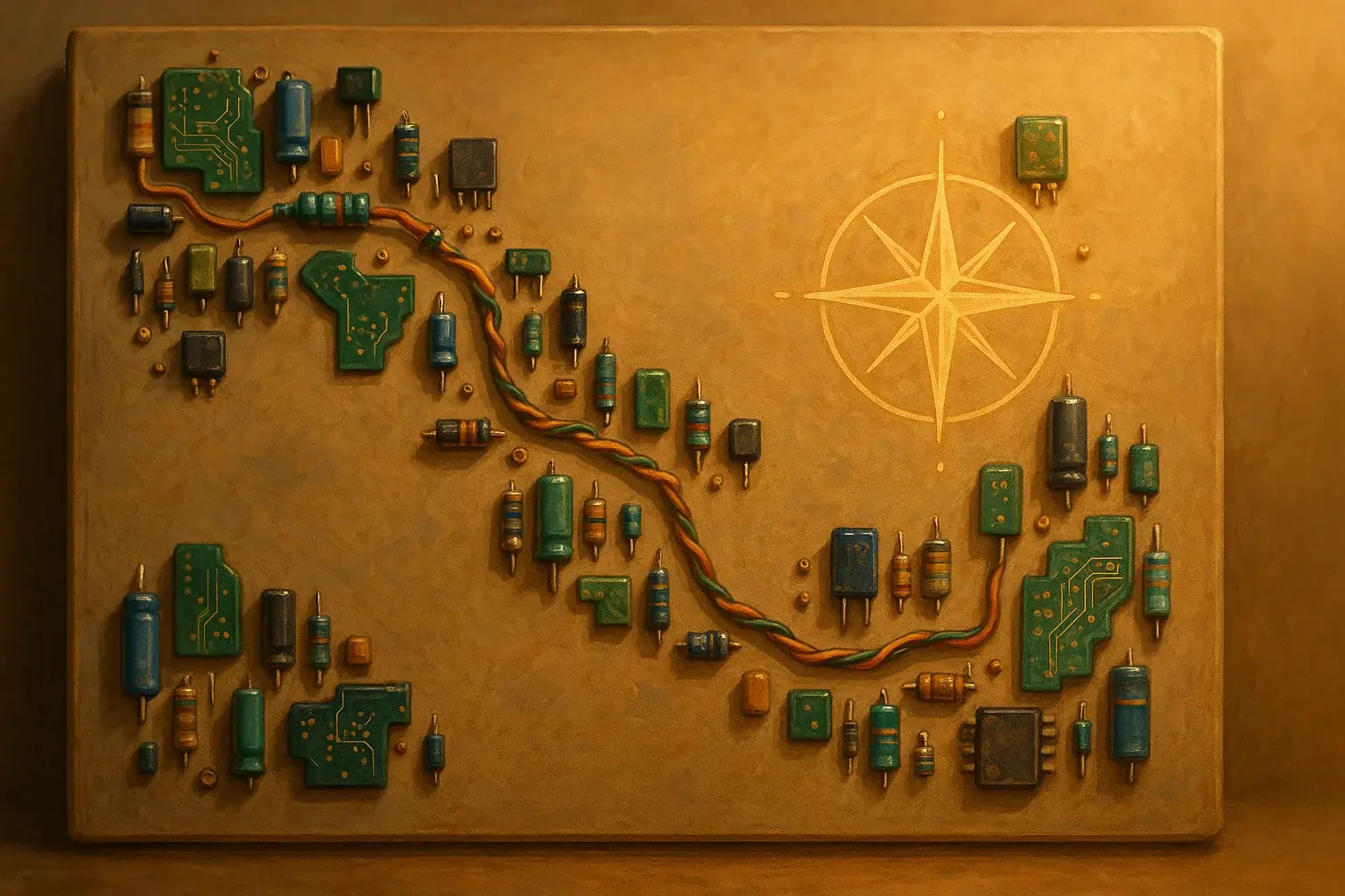 Close-up: finished e-waste circuit board timeline art, softly lit, reflecting a healing journey.