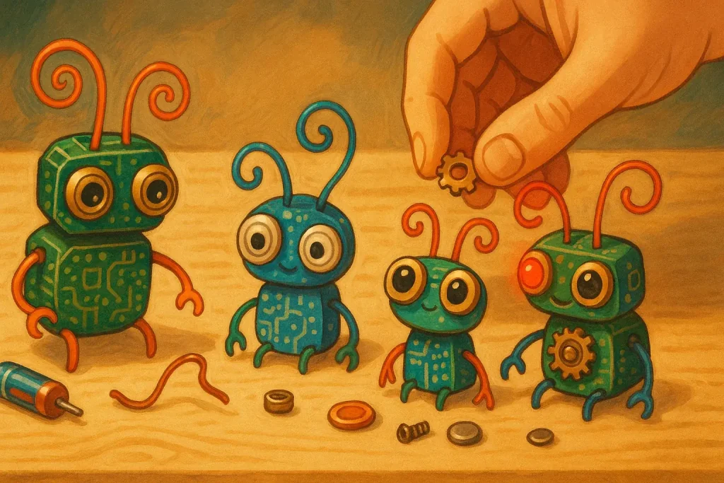 Whimsical steampunk e-waste critters of circuits & gears, inviting playful healing.