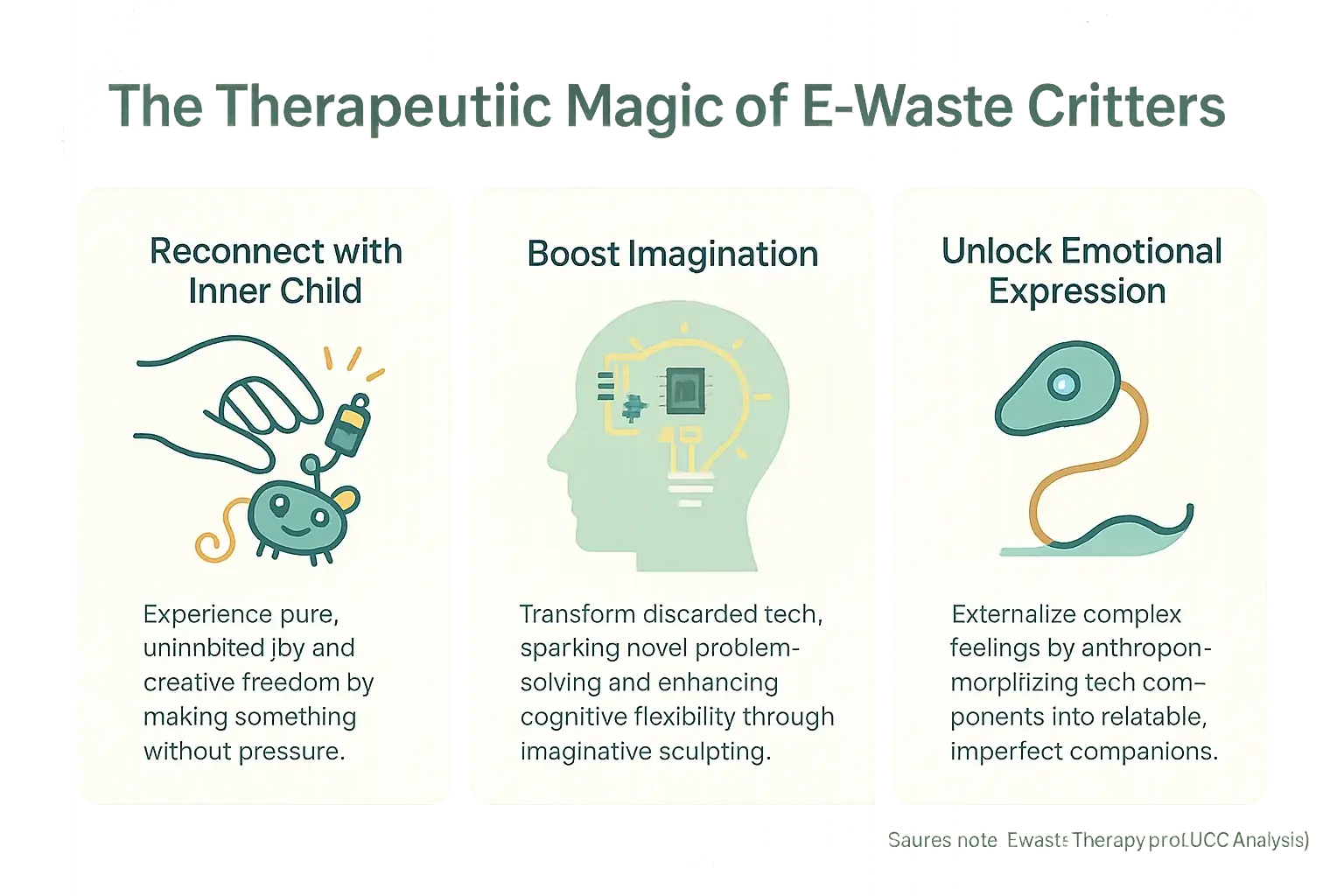 Infographic: 3 therapeutic benefits of e-waste critters: inner child, imagination, stress relief. Icons & modern e-waste