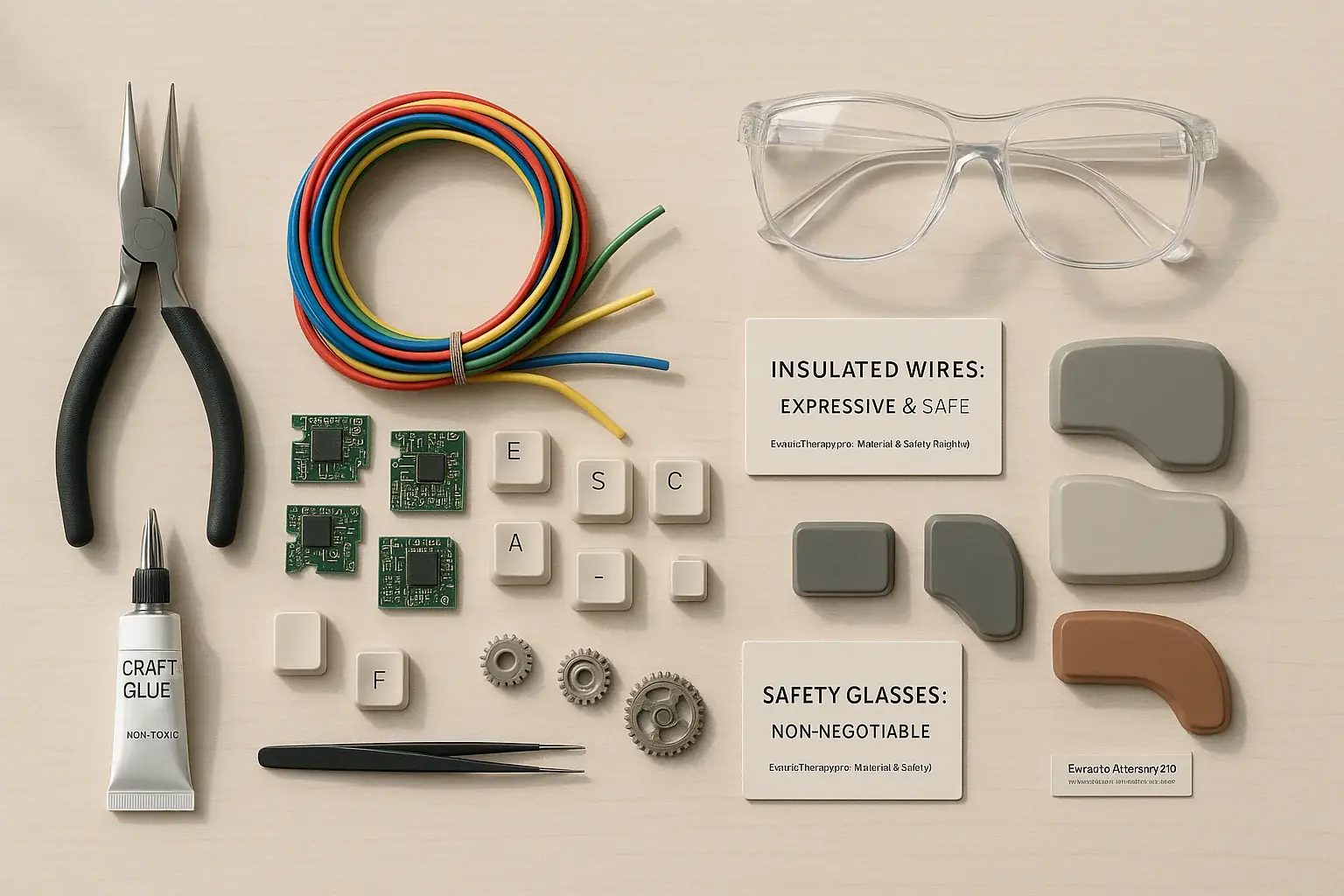 Neatly arranged colorful, safe e-waste components (wires, circuits, keys) and tools for e-waste critters.