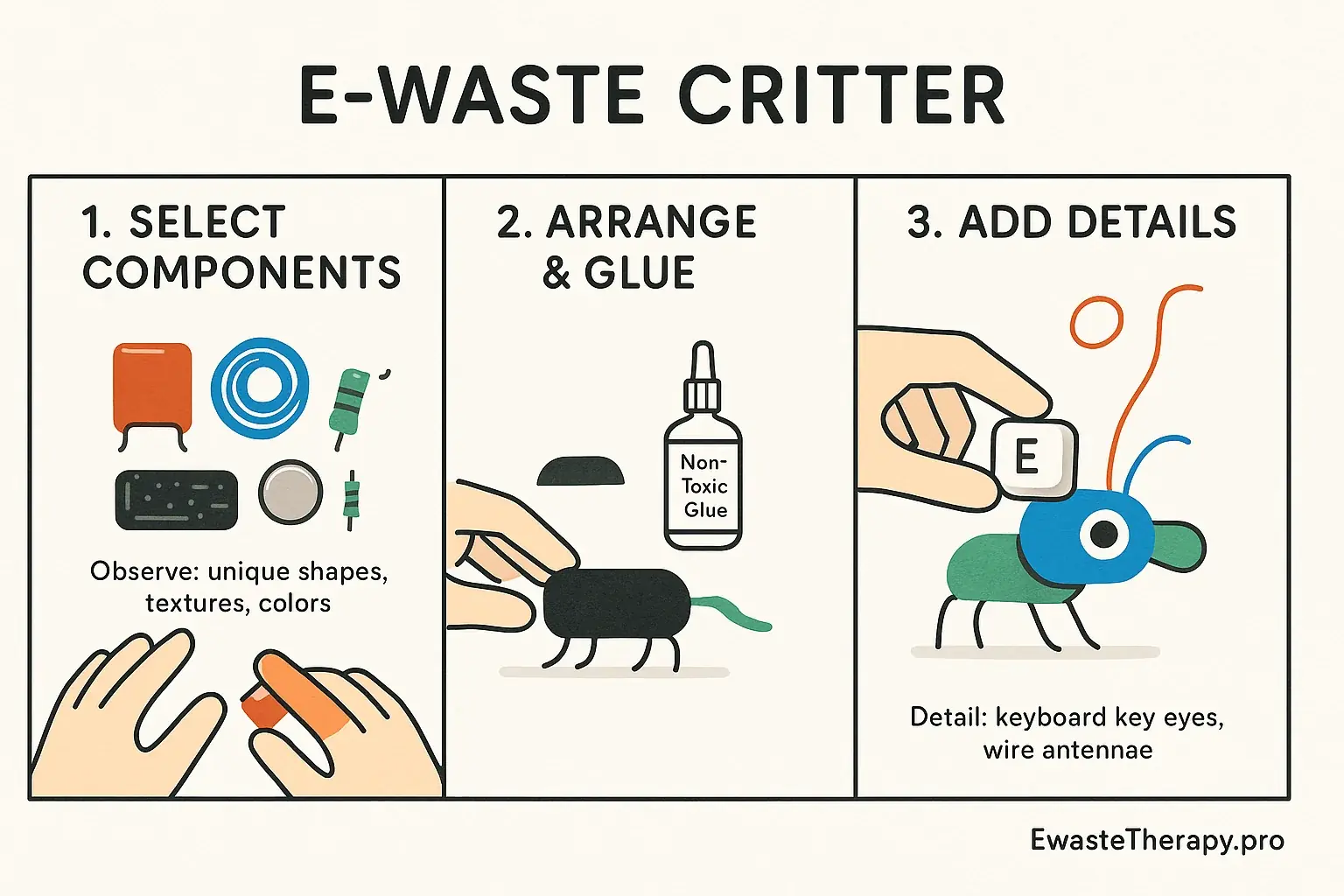 Illustrated 3-step guide to e-waste critter creation: 1. Select components, 2. Arrange & glue, 3. Add details.