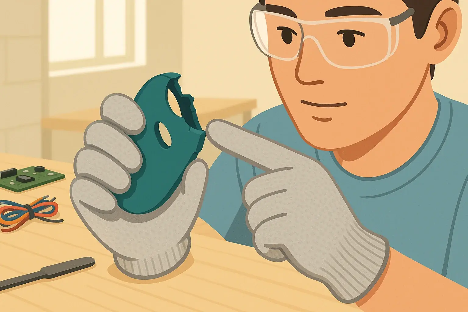 Person in gloves & safety glasses carefully works on e-waste components in a clean, lit area, ensuring project safety.
