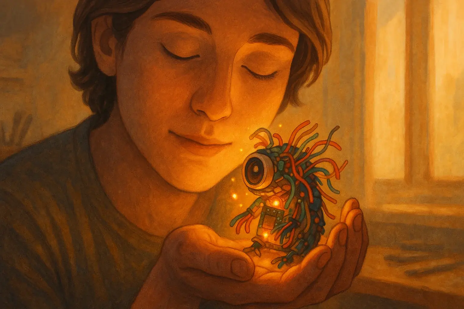 Person gently holds their glowing e-waste critter, reflecting on its new meaning and their healing path.