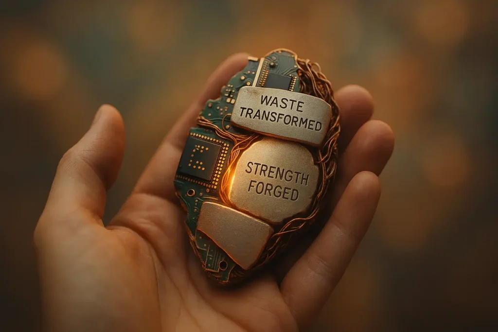 Hand holds abstract e-waste talisman glowing warmly, symbol of personal change and strength, on blurred evolving background.