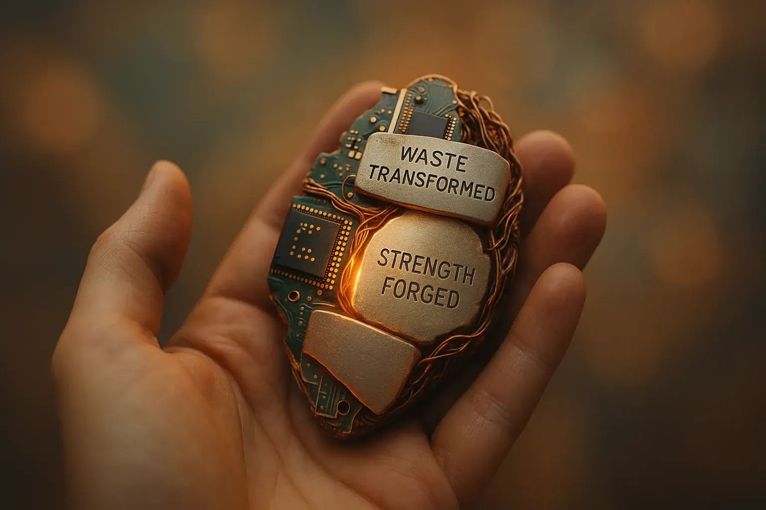 Hand holds abstract e-waste talisman glowing warmly, symbol of personal change and strength, on blurred evolving background.