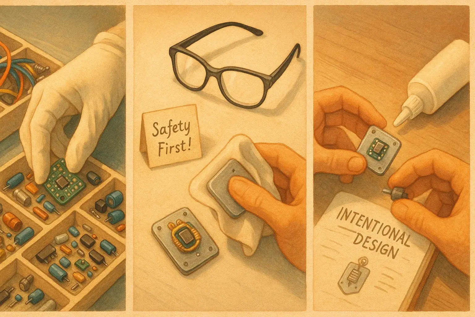 E-waste talisman crafting steps: hands select, clean, and assemble components in a warm, mindful, inviting workspace.