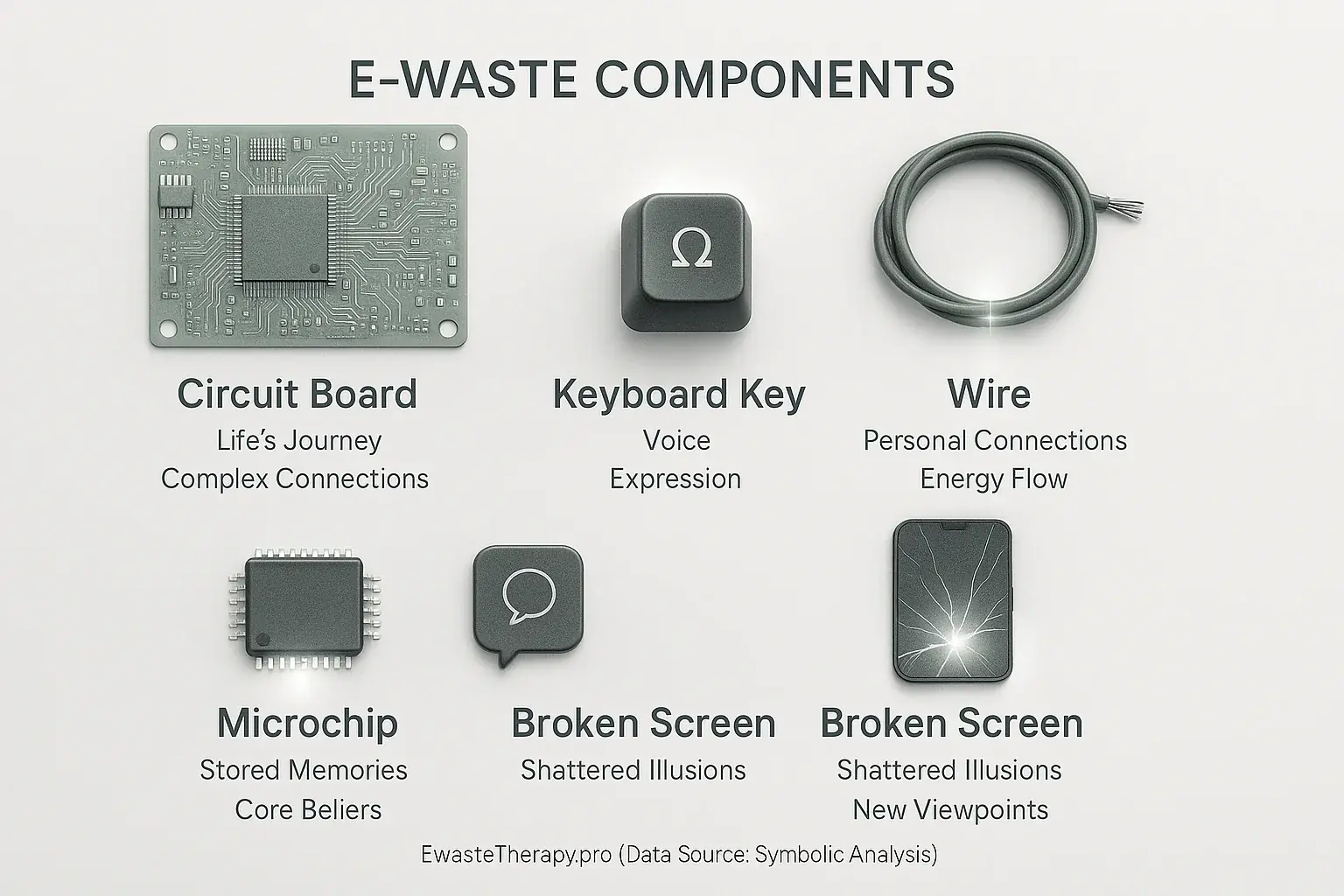 Infographic: E-waste components (circuit board, key) with labels & icons defining their symbolic talismanic meanings.