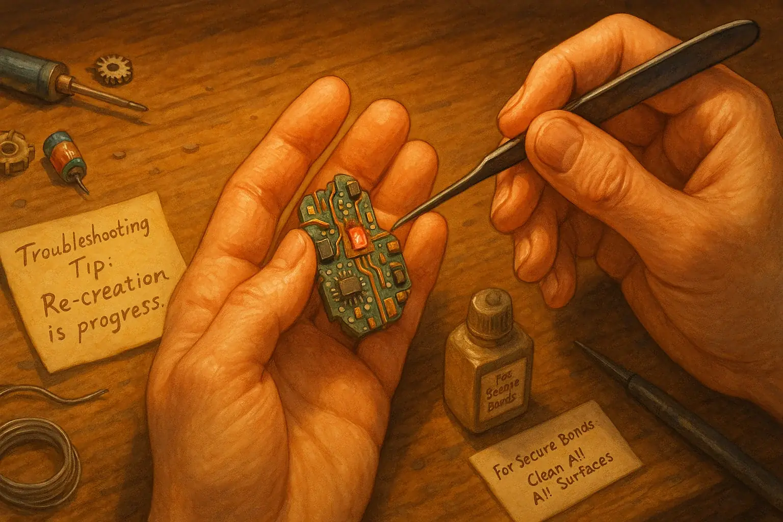 Focused hand with tool gently repairs small e-waste art, illustrating creative talisman troubleshooting.